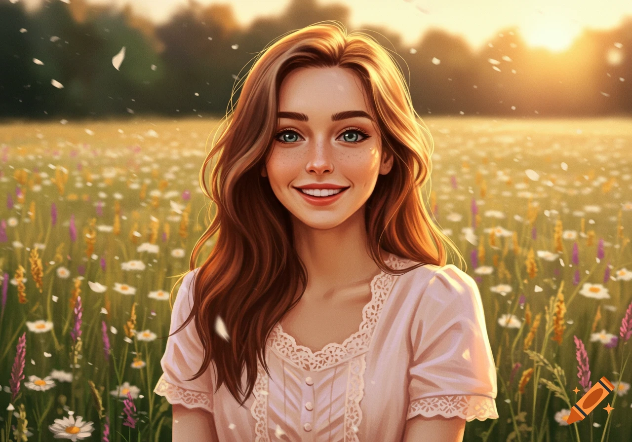 A smiling woman with long brown hair stands in a sunny field of wildflowers, digital painting.