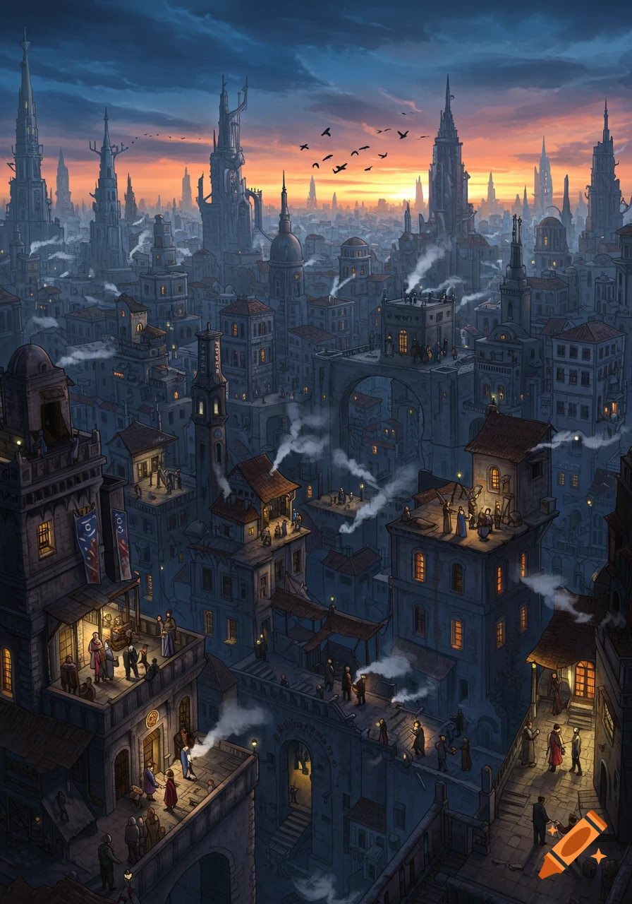 A detailed fantasy cityscape at dusk with tall, ornate buildings, smoke from chimneys, and small figures. The sky is a dramatic blue and orange sunset.