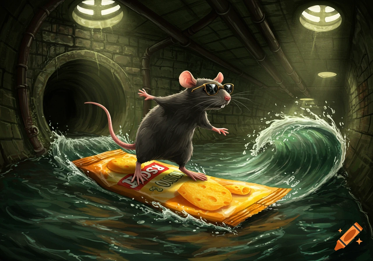 A cartoon rat wearing sunglasses surfs on a cheese and onion crisp packet in a sewer, with a large wave beside it.