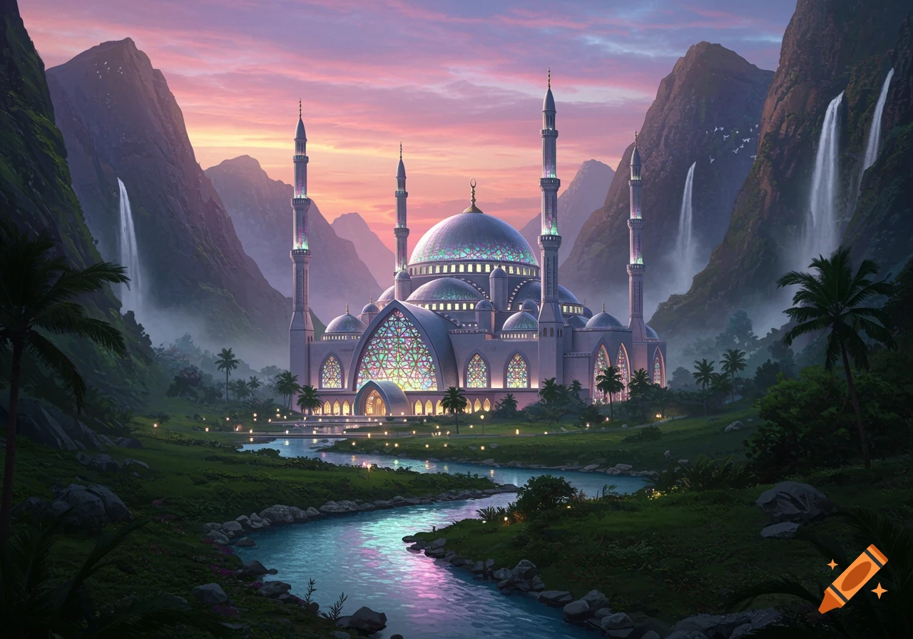 A futuristic mosque with intricate stained-glass windows stands in a lush valley with mountains, waterfalls, and a glowing river at sunset.
