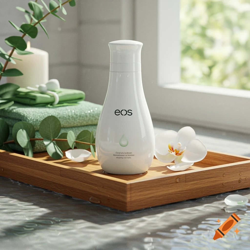 Photorealistic image of a white EOS lotion bottle on a wooden tray with water ripples, green towels, eucalyptus, and a white orchid in a bathroom setting.