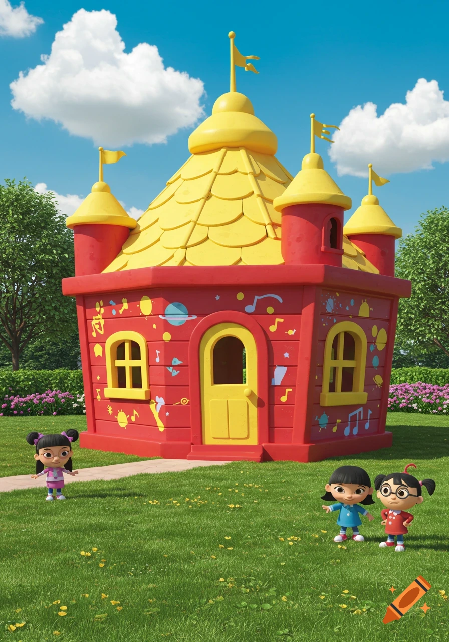 Three cartoon children standing in a grassy garden near a red and yellow cartoon playhouse under a blue sky.