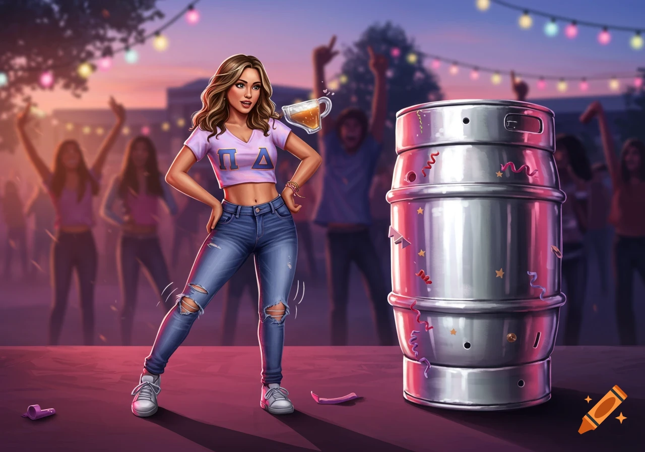 A stylized illustration of a sorority girl in a crop top and jeans posing at an outdoor party next to a beer keg, with a floating beer above her hand.