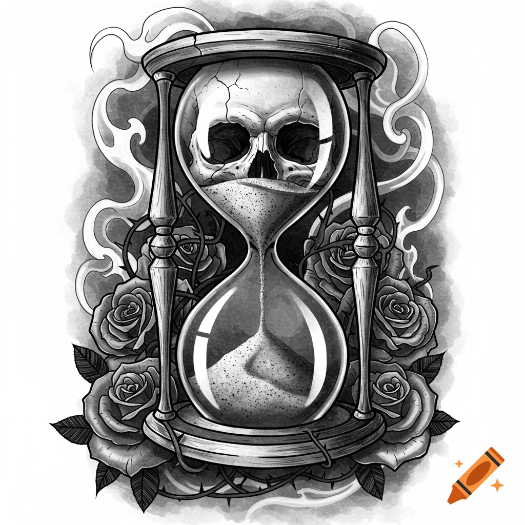 A black and white tattoo drawing of a skull inside an hourglass, surrounded by roses and thorns.