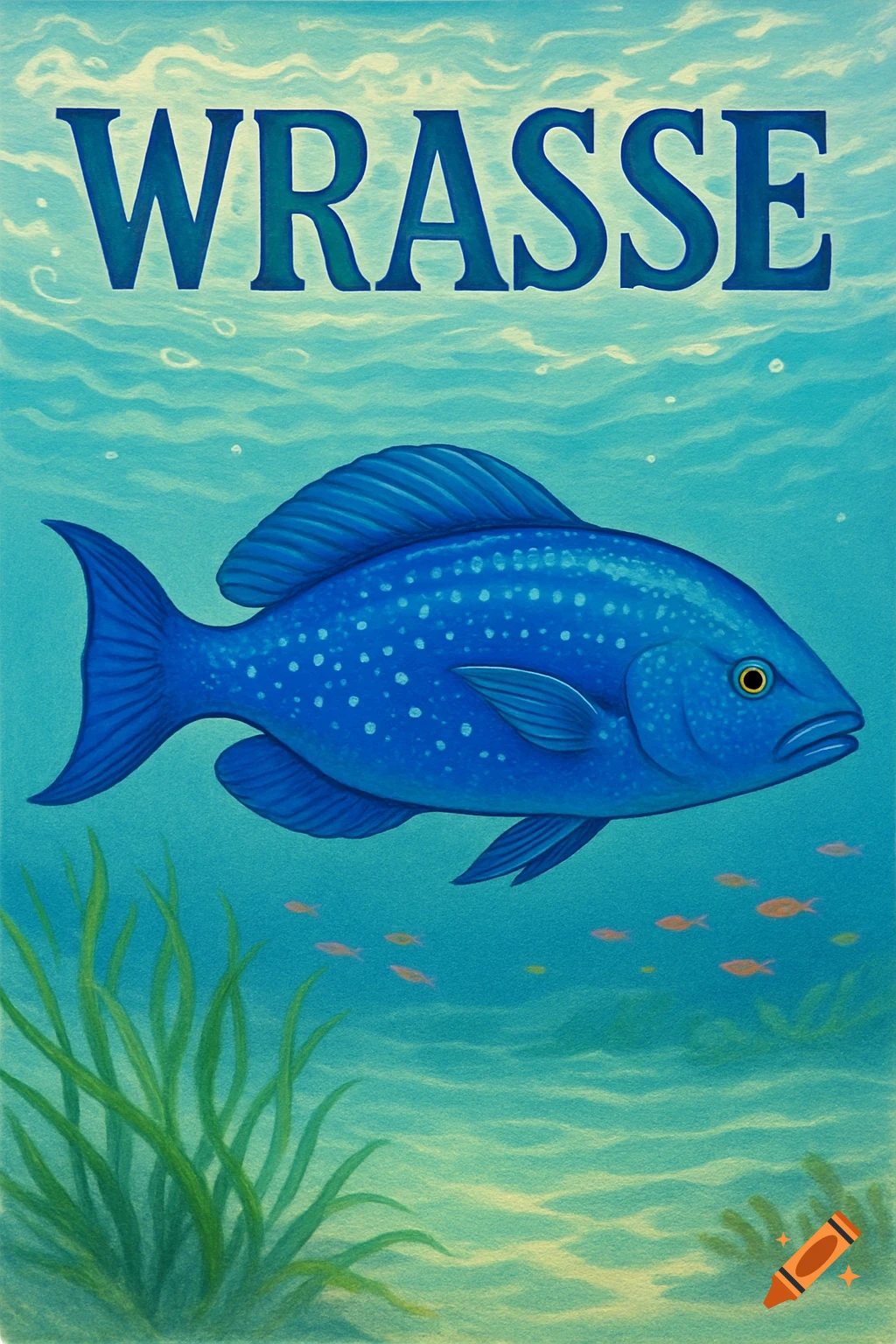 An illustration of a blue wrasse fish with white spots swimming underwater. The word 'WRASSE' is displayed prominently above the fish.