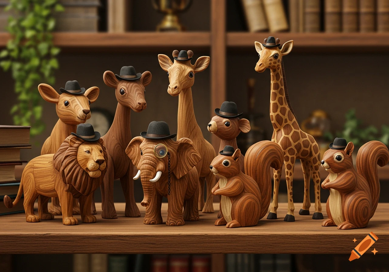A collection of wooden animal figurines, including a lion, elephant, giraffes, deer, and squirrels, all wearing hats, on a wooden shelf.