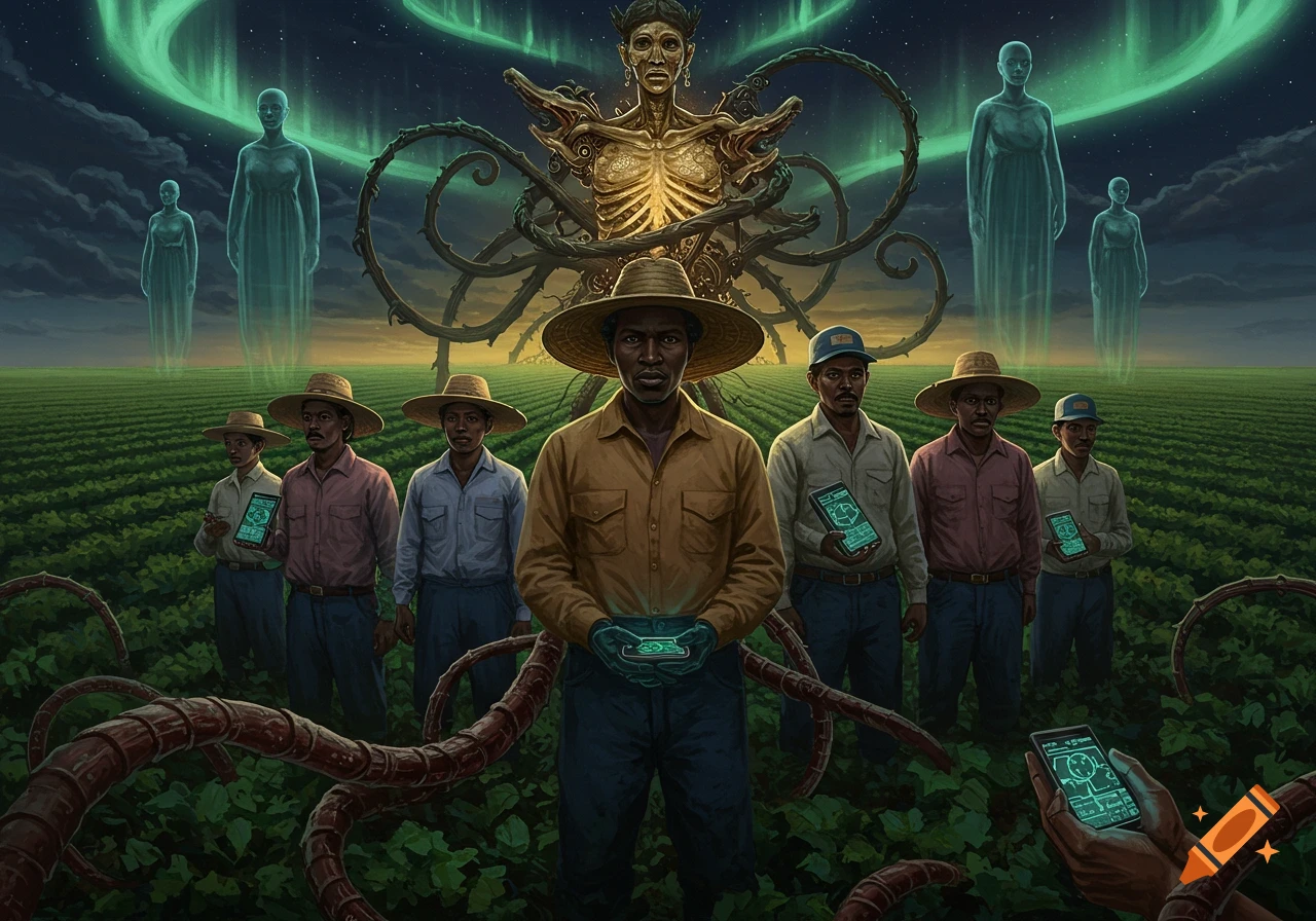 An Afrofuturistic and Black Horror scene with farm workers holding glowing tech devices in a field, under a sky with a green aurora and ghostly figures, presided over by a skeletal deity-like entity made of roots.