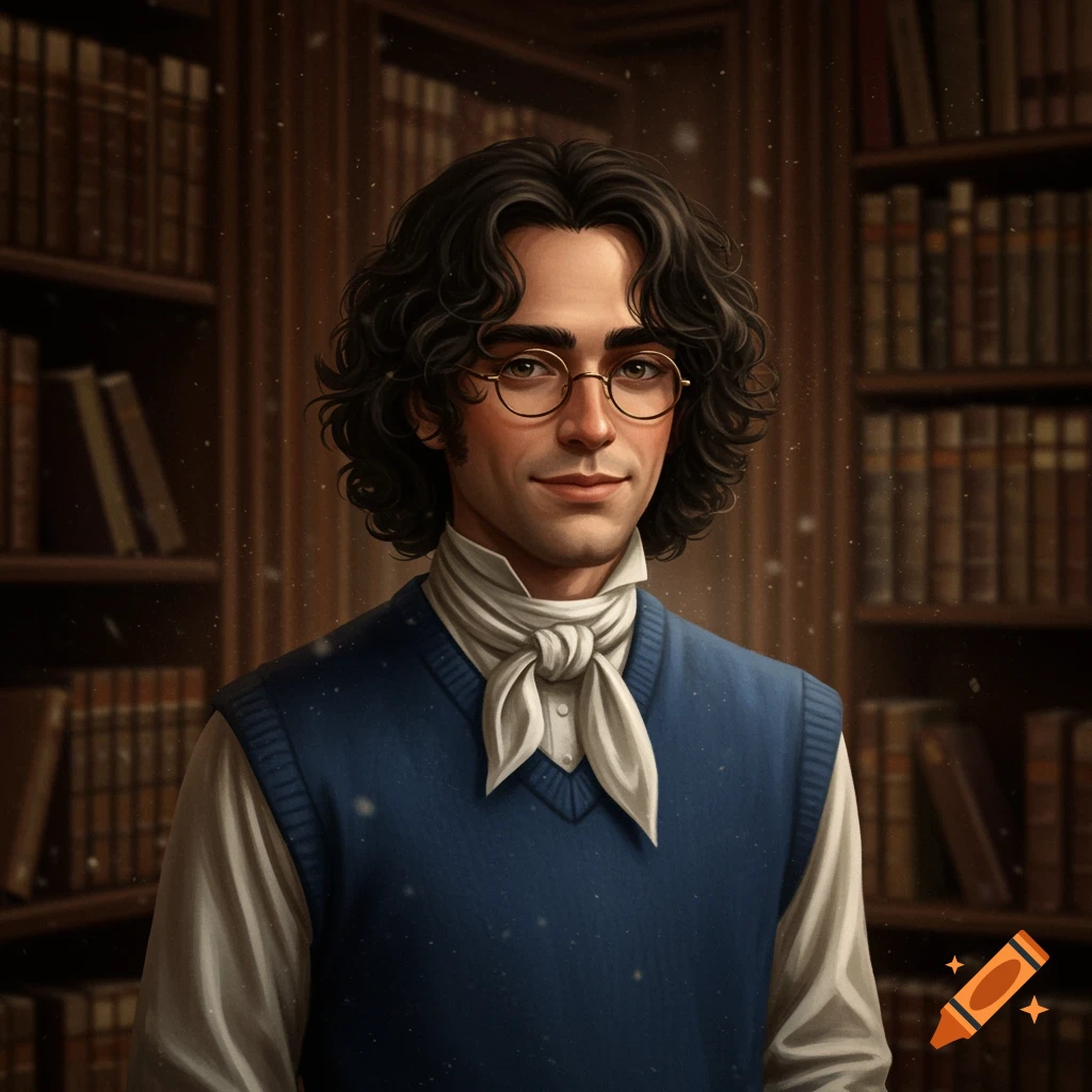 Digital portrait of a scholarly man with wavy dark hair, glasses, and cravat in a library.