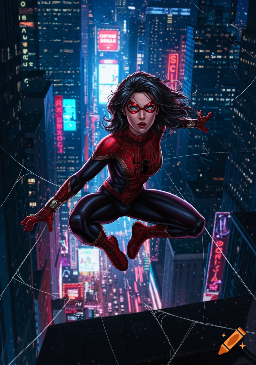 Spider-Woman in a red and black suit hovers in a dynamic pose above a neon-lit futuristic city at night, in a comic book art style.