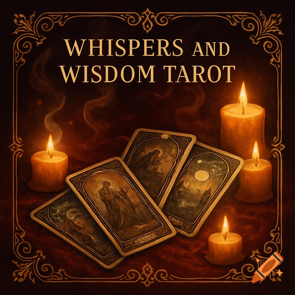 Ornate image of tarot cards and lit candles on a dark background, with 'WHISPERS AND WISDOM TAROT' text.