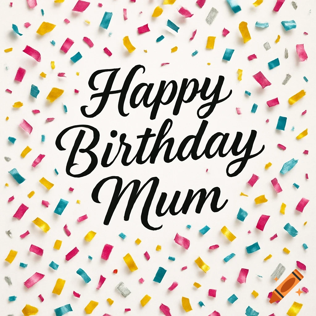 Happy Birthday Mum text in a black script font, surrounded by colorful red, yellow, and blue confetti on a white background.