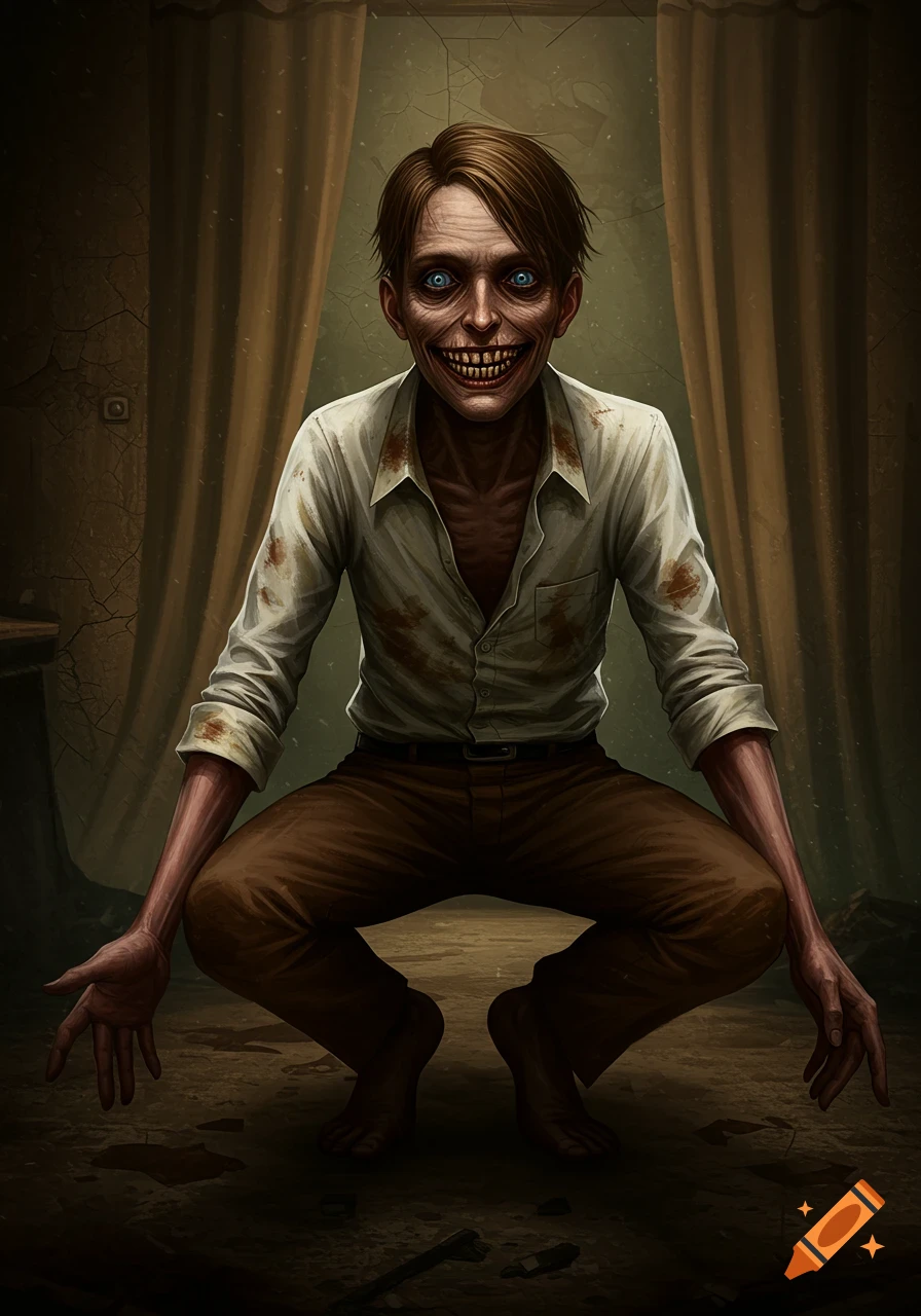A pale, disheveled man with a wide, toothy grin and glowing blue eyes crouches in a dark room.
