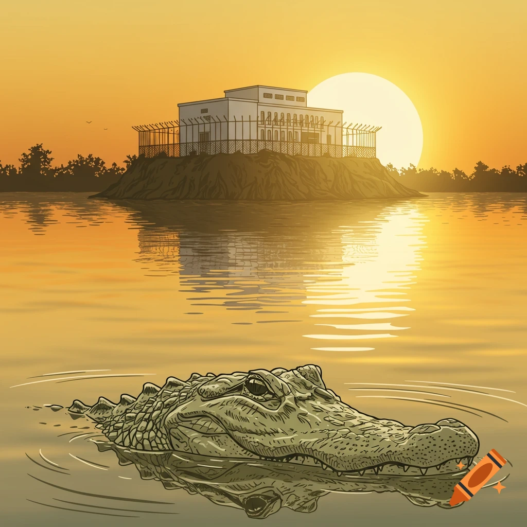 A vector drawing of an alligator's head surfacing in a swamp at sunset, with a white prison building on an island in the background.