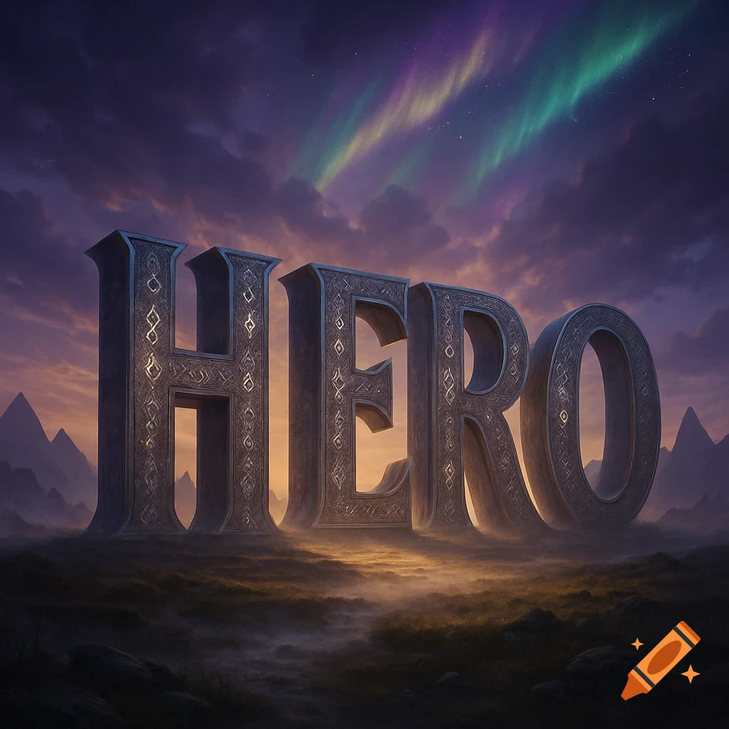 Large, ancient-looking letters spelling 'HERO' stand in a misty, fantastical landscape under a twilight sky with aurora borealis.
