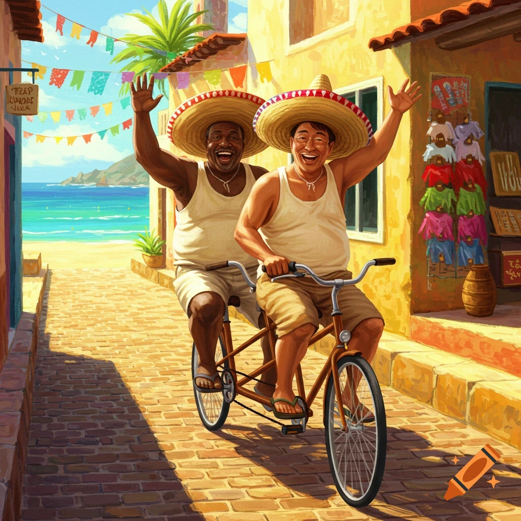 Two smiling men in sombreros riding a tandem bicycle down a brick path towards a beach, painted in a bright, colorful style.