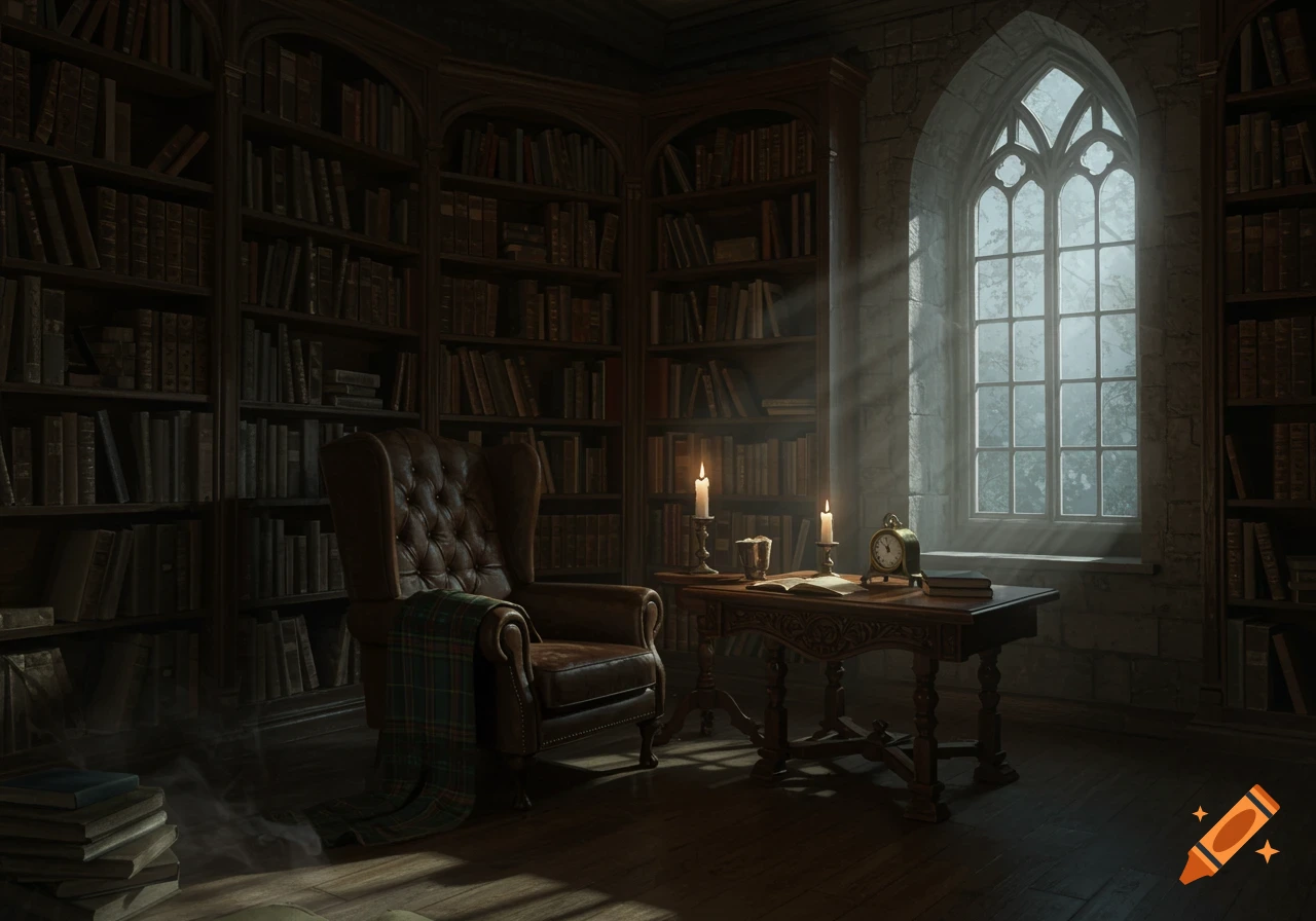 A dimly lit old library corner with tall bookshelves, a leather armchair, a wooden desk with lit candles, and a large gothic arched window.