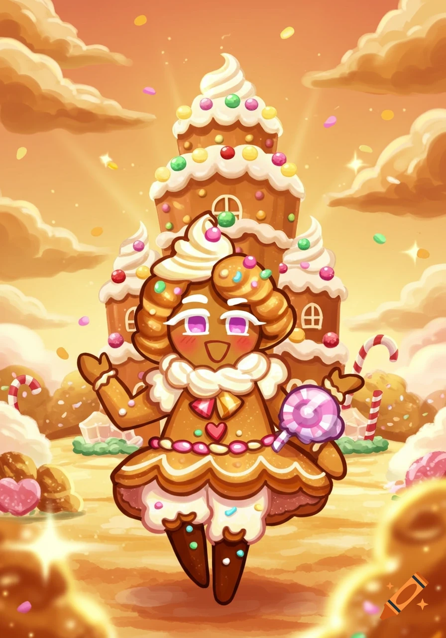 A cartoon gingerbread character with icing and sprinkles holds a lollipop in a candy land with a large gingerbread house.