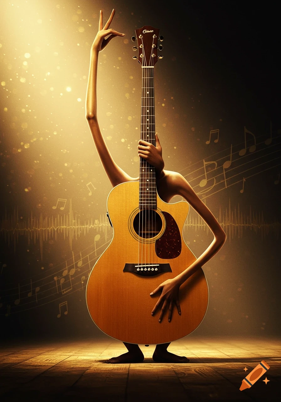 A surreal acoustic guitar with human-like arms and feet, standing upright on a wooden stage with glowing spotlights and musical notes in the background.