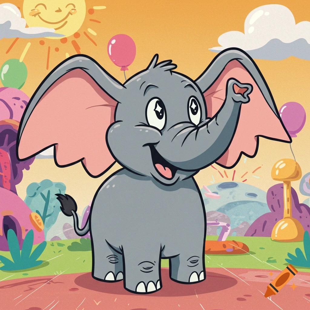 A happy cartoon elephant stands in a whimsical, colorful landscape with a smiling sun and balloons.