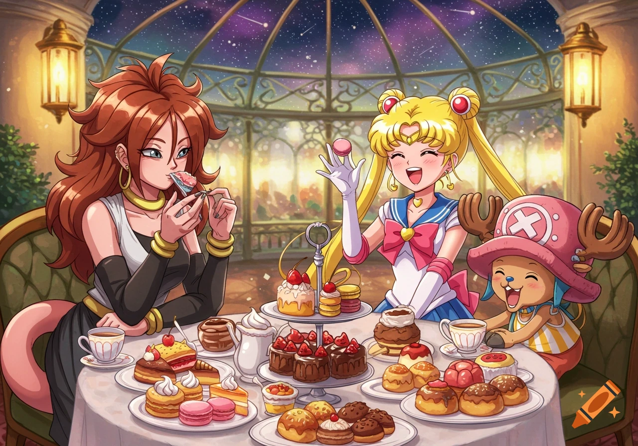 Anime characters Android 21, Sailor Moon, and Tony Tony Chopper enjoy a tea party with desserts under a starry dome.