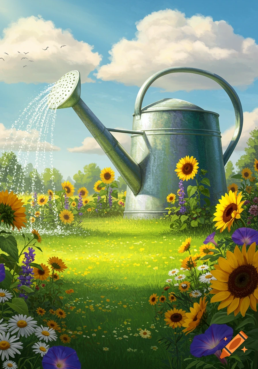 A whimsical illustration of a huge watering can spraying water in a vibrant field of sunflowers and wildflowers under a sunny sky.