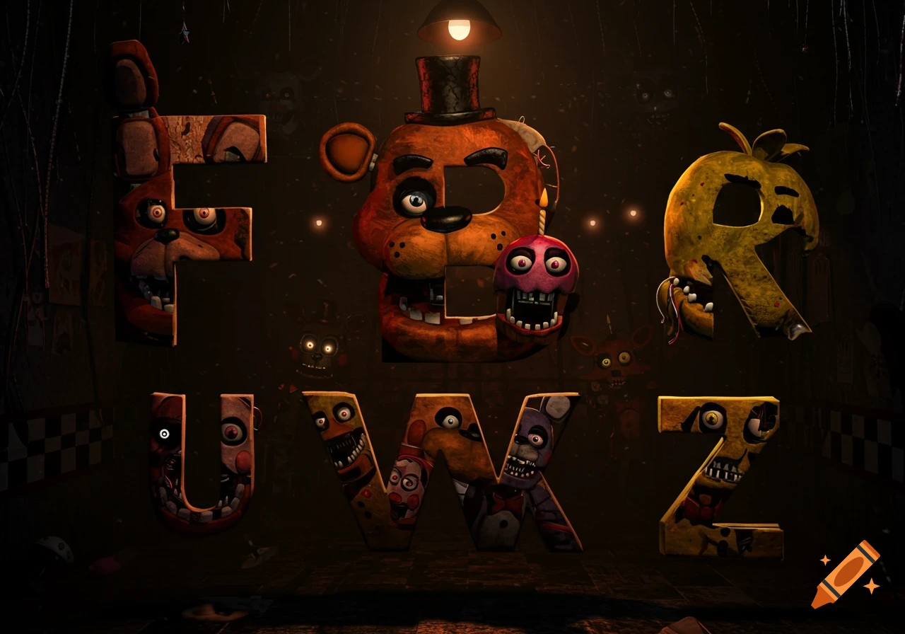 Letters F, R, U, W, X, Z formed by Five Nights at Freddy's animatronics in a dark, horror-themed setting.