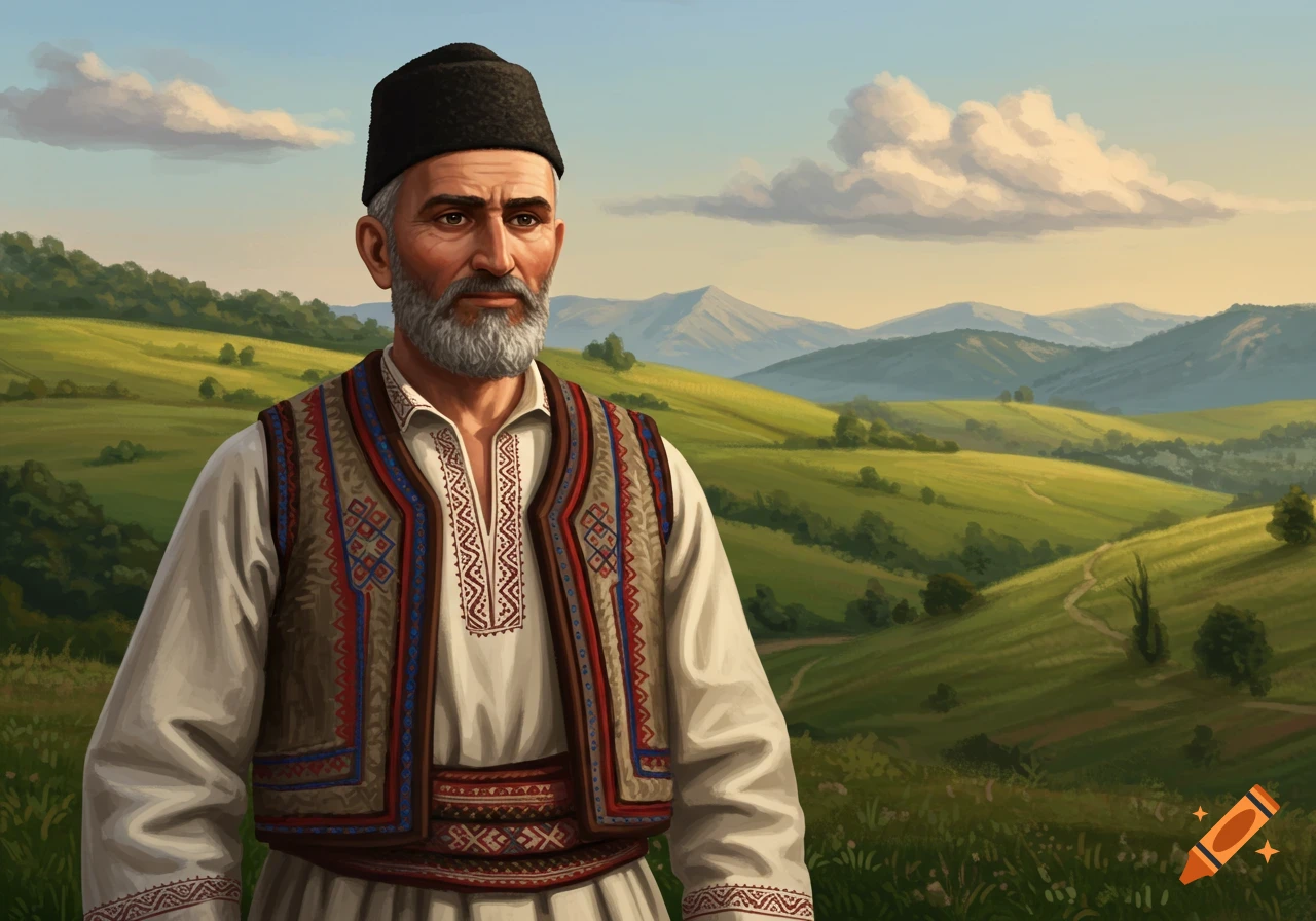 A bearded man in traditional Albanian clothing stands in a lush green mountain landscape under a blue sky.
