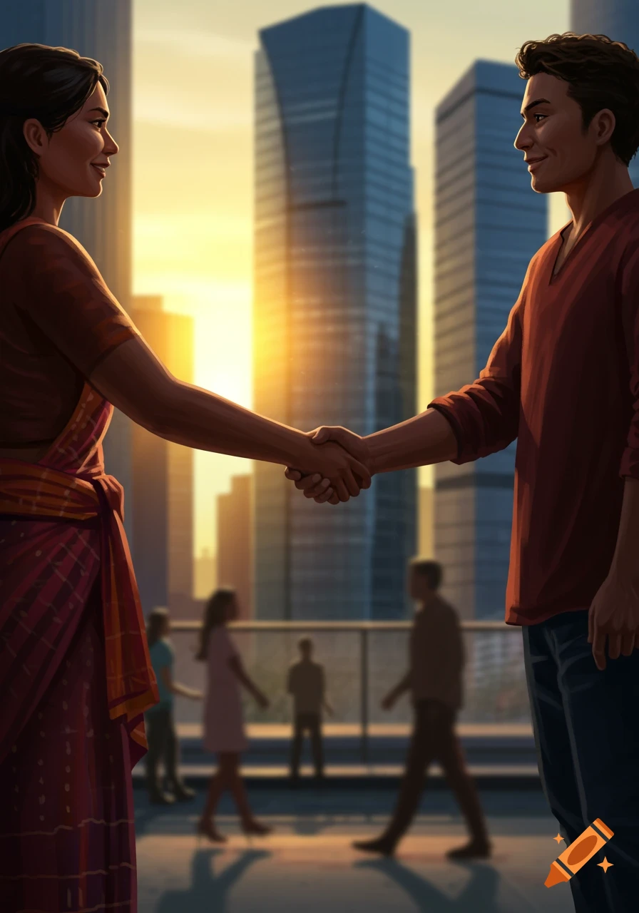 An illustration of a man and a woman shaking hands on a rooftop overlooking a city skyline at sunset.