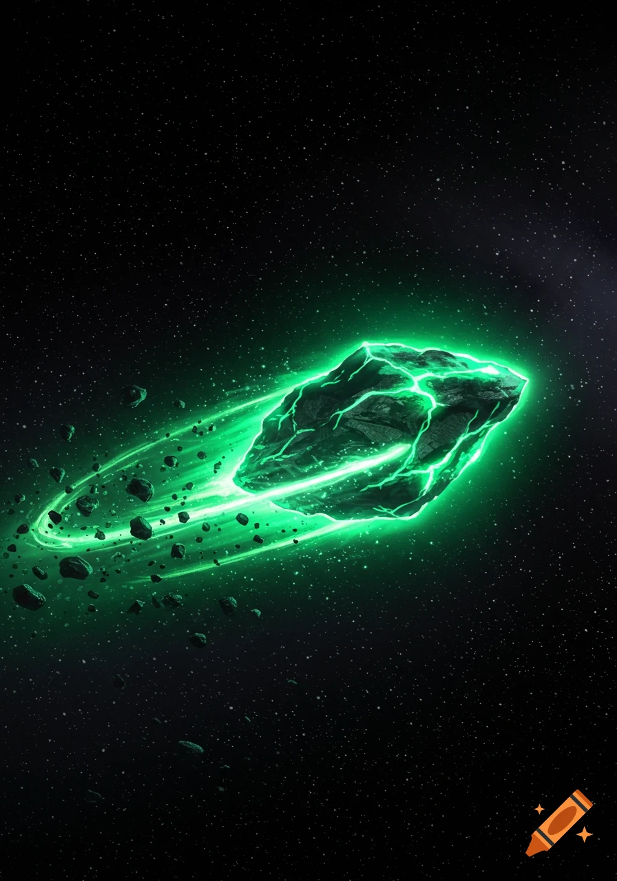 A large, dark rock glows bright green as it moves through starry outer space, surrounded by smaller debris.