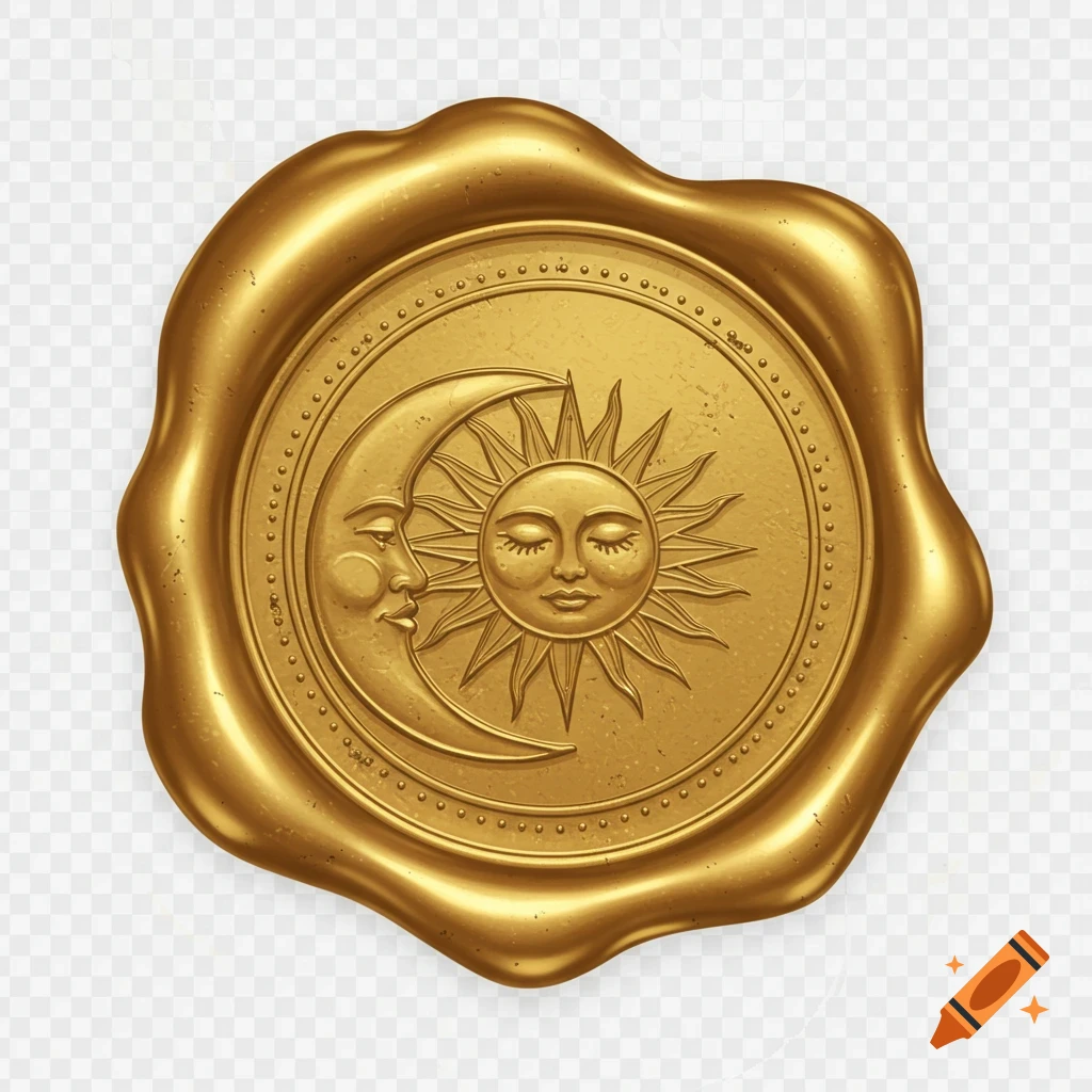 Vintage gold wax seal featuring a detailed sun and crescent moon design, isolated on a transparent background.