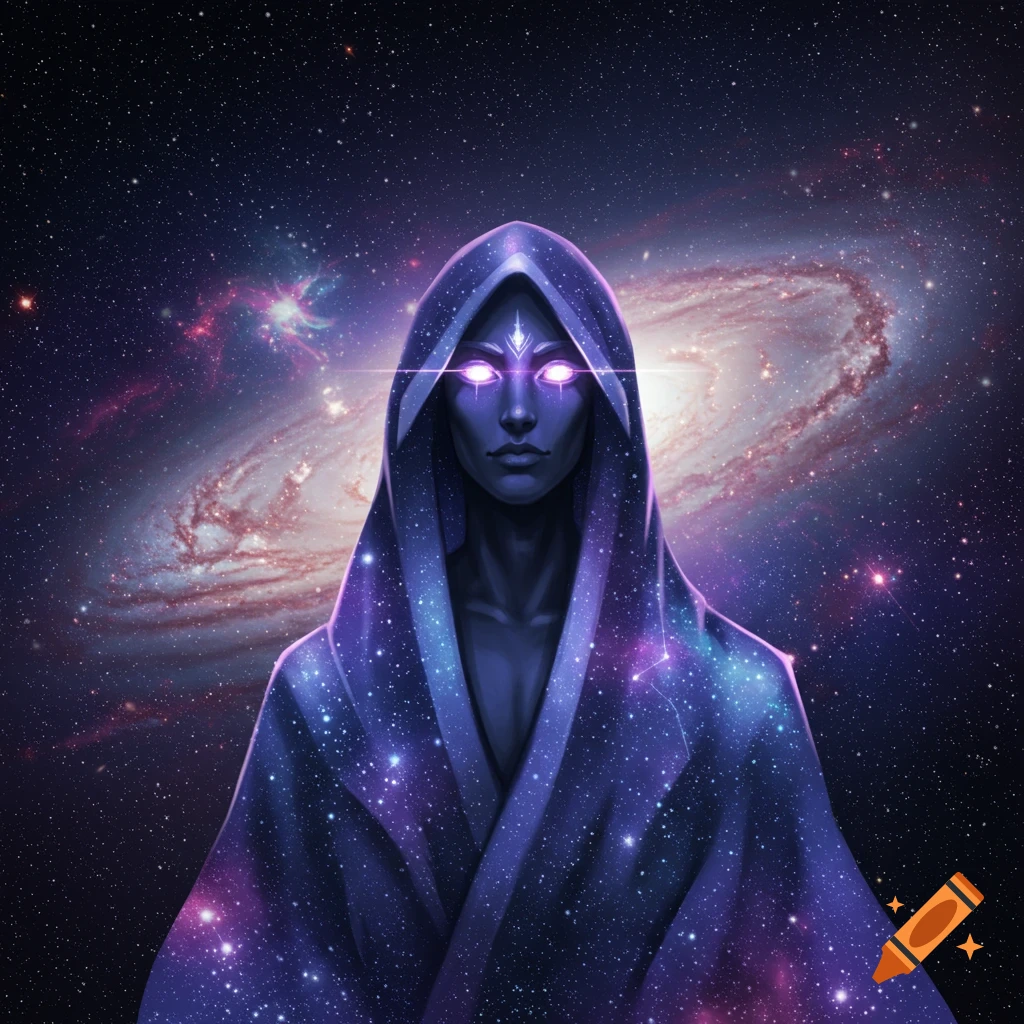 A cosmic figure in a starry, hooded robe with glowing purple eyes stands before a spiral galaxy in space.