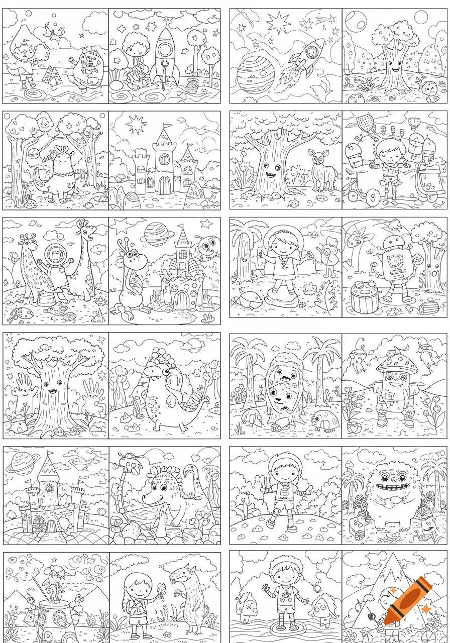 A grid of black and white line art illustrations for a children's coloring book, featuring space, fantasy creatures, castles, and kids.