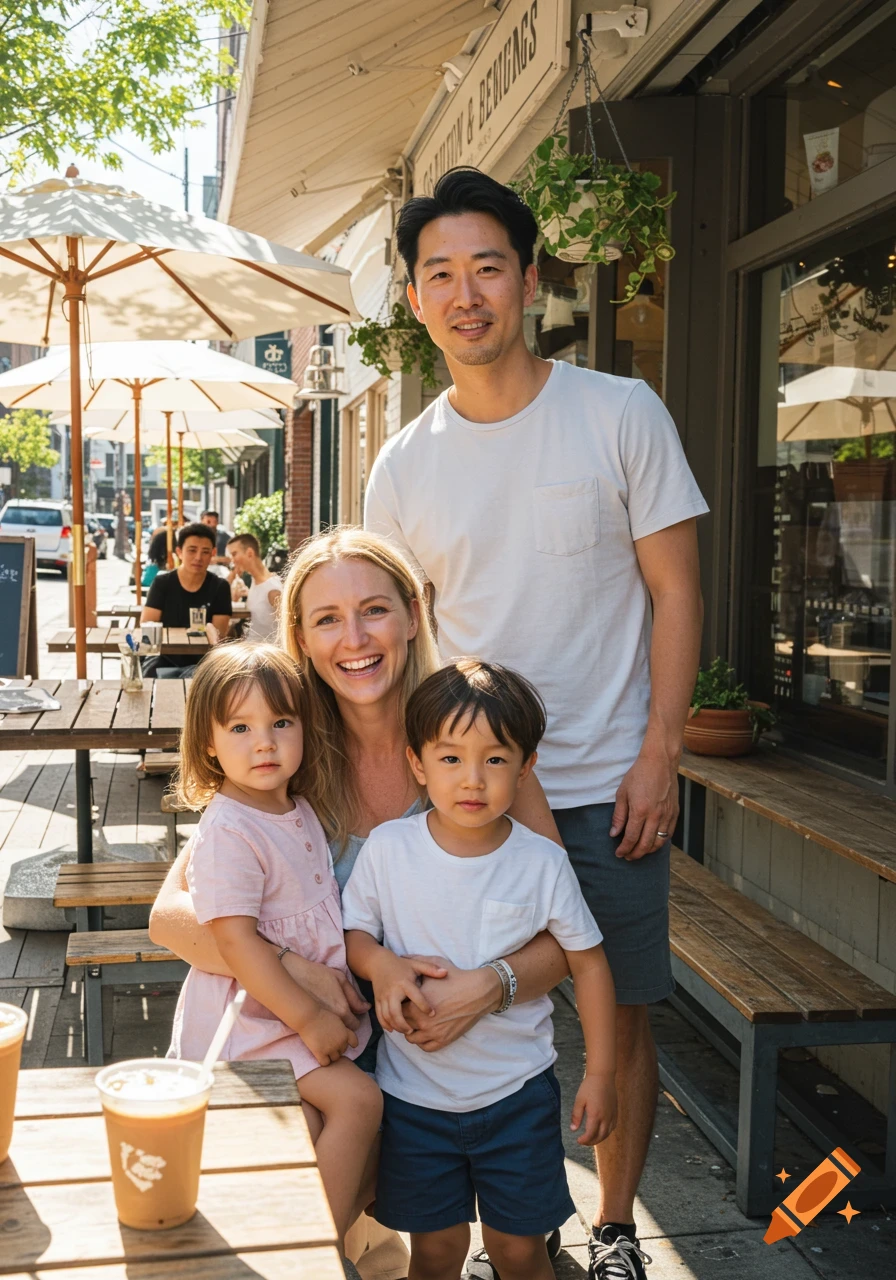 A family of four, including a smiling woman, a man, and two young children, standing outside a cafe on a sunny day.