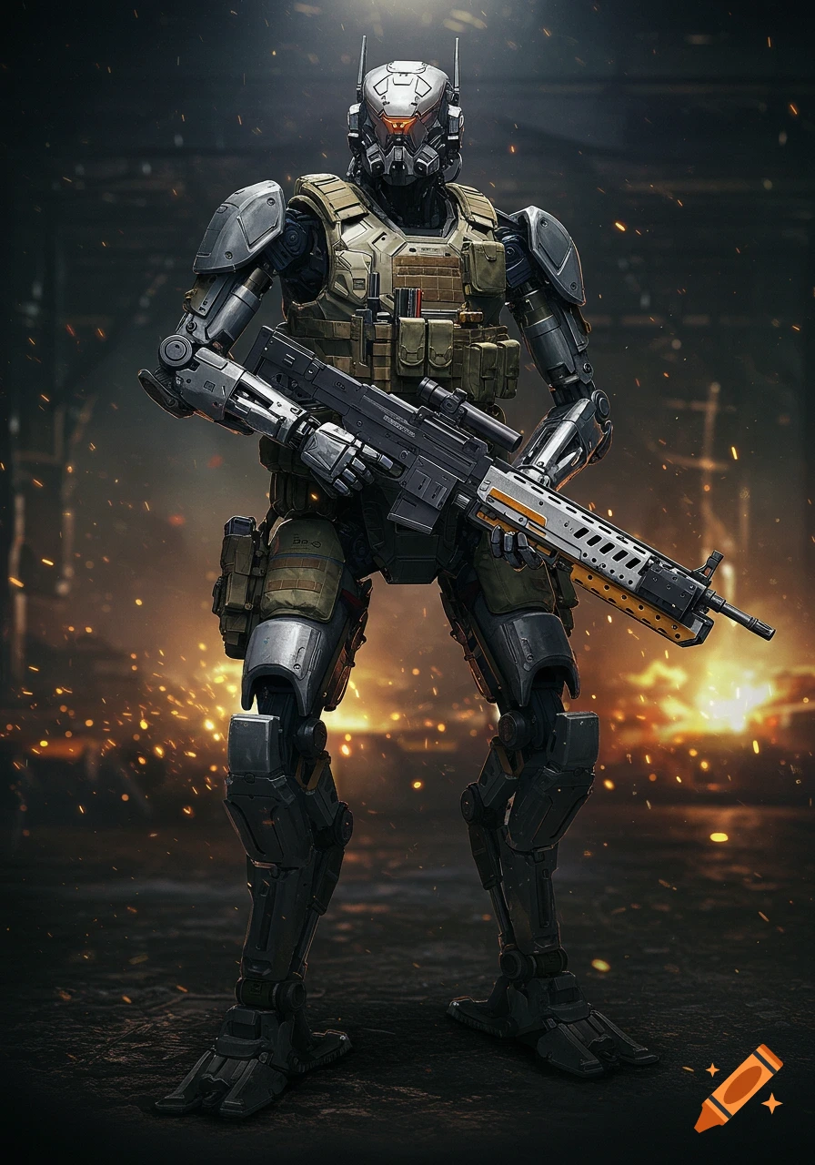 A detailed robotic soldier in tactical gear holds a rifle in a dark, spark-filled industrial setting.