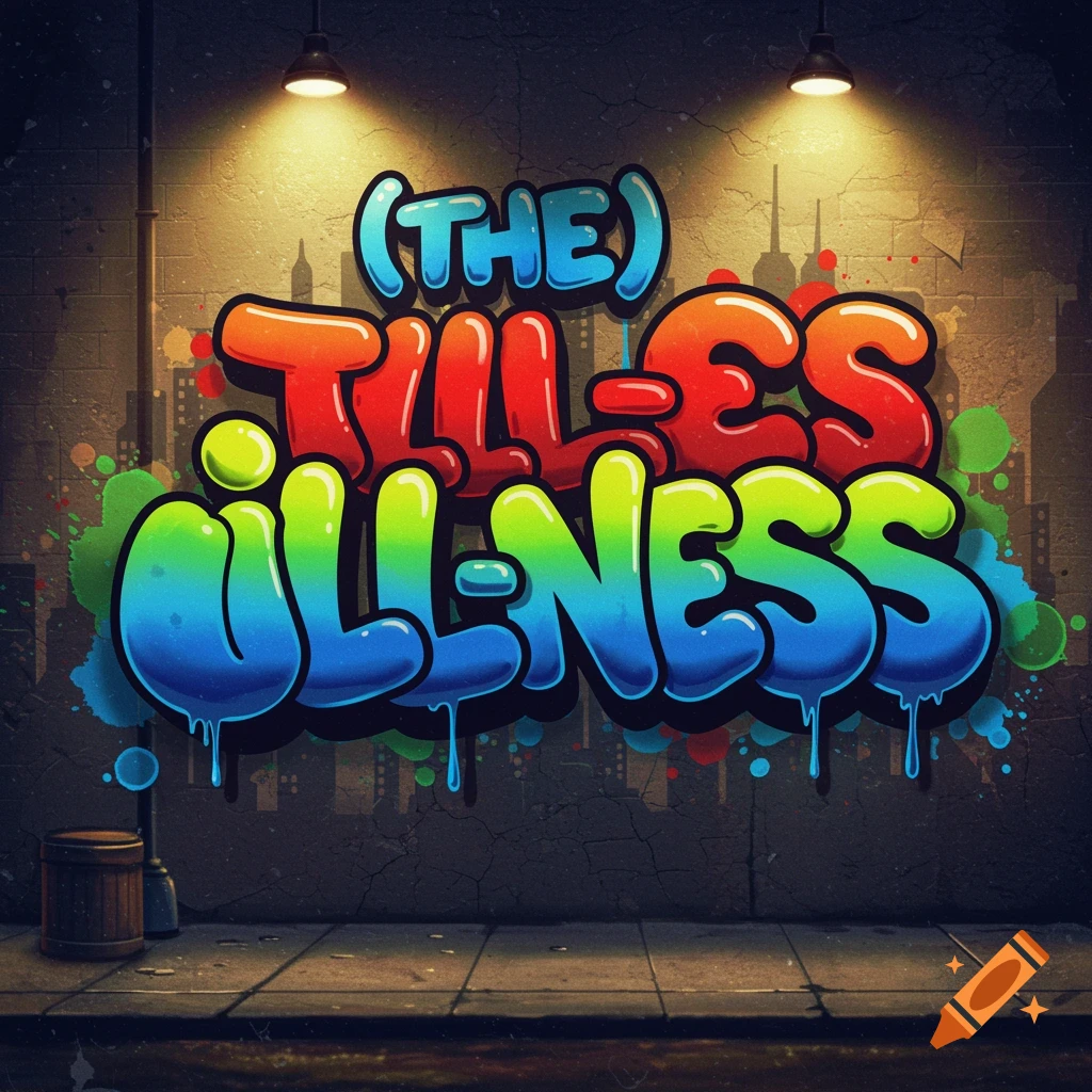 Graffiti bubble lettering of "(THE) ILL-NESS" on a brick wall, illuminated by two spotlights, with a city skyline silhouette in the background.