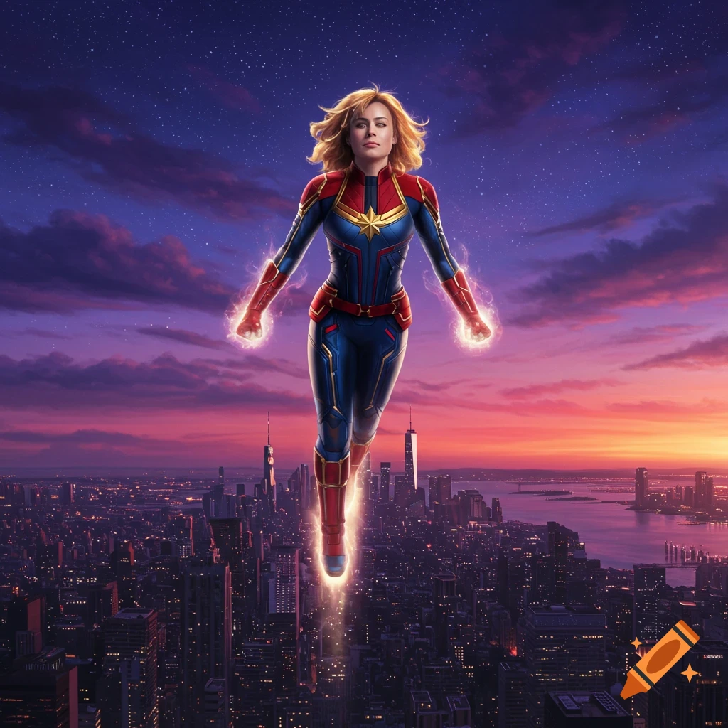 Captain Marvel flying over a city at sunset with a vibrant sky, glowing from her hands and feet.