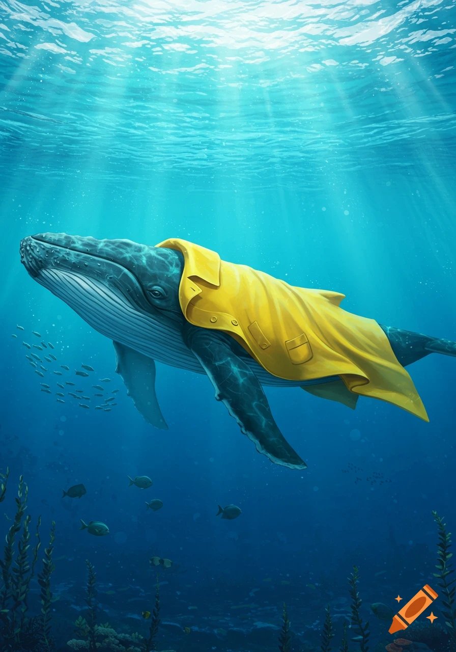 A large blue whale swims underwater, wearing a bright yellow raincoat. Sun rays pierce through the water from above.