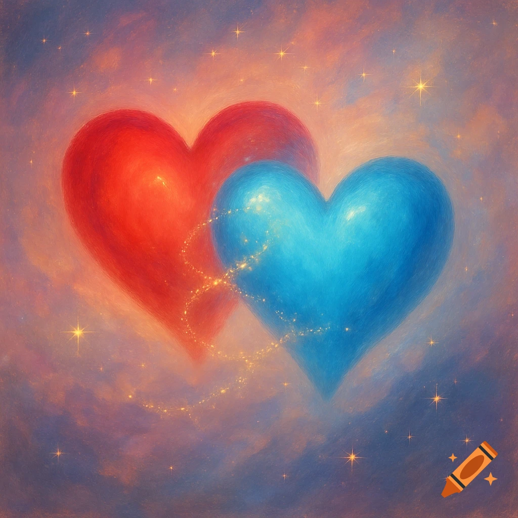 A red heart and a blue heart intertwined, surrounded by sparkling stars on a dreamy, colorful background.