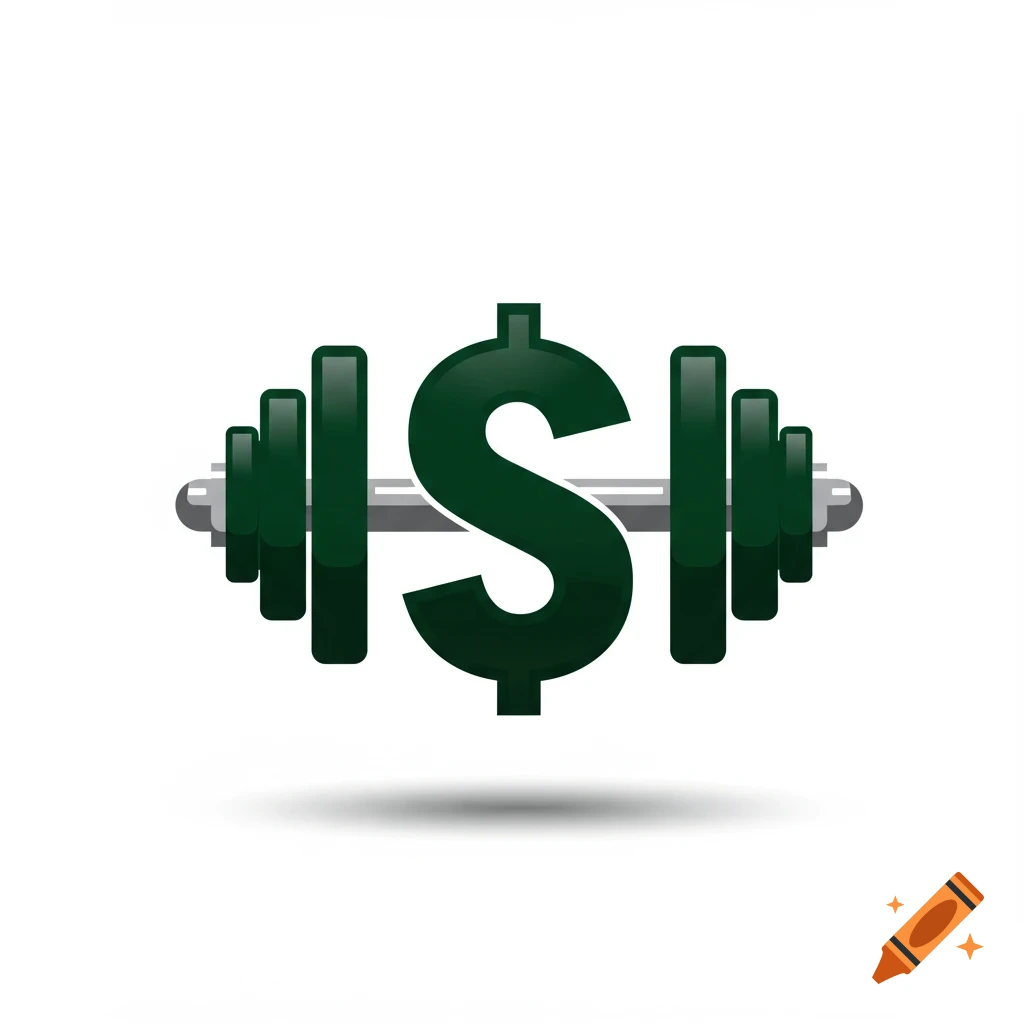 A dark green dollar sign serves as the bar of a dumbbell with matching green weight plates, on a white background.