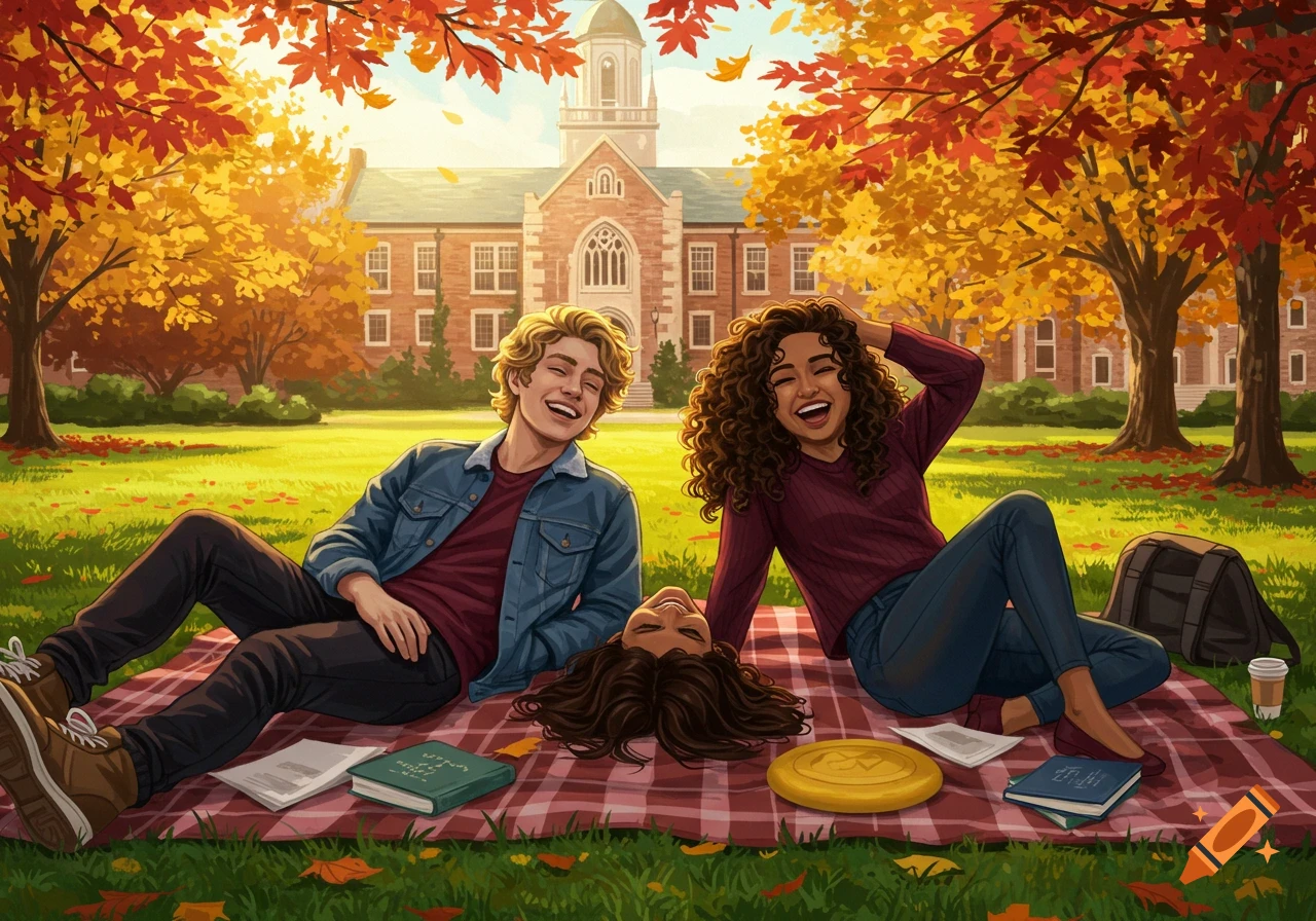 Two laughing students and a third friend relax on a picnic blanket on a sunny autumn university campus lawn, surrounded by colorful trees and a grand building.