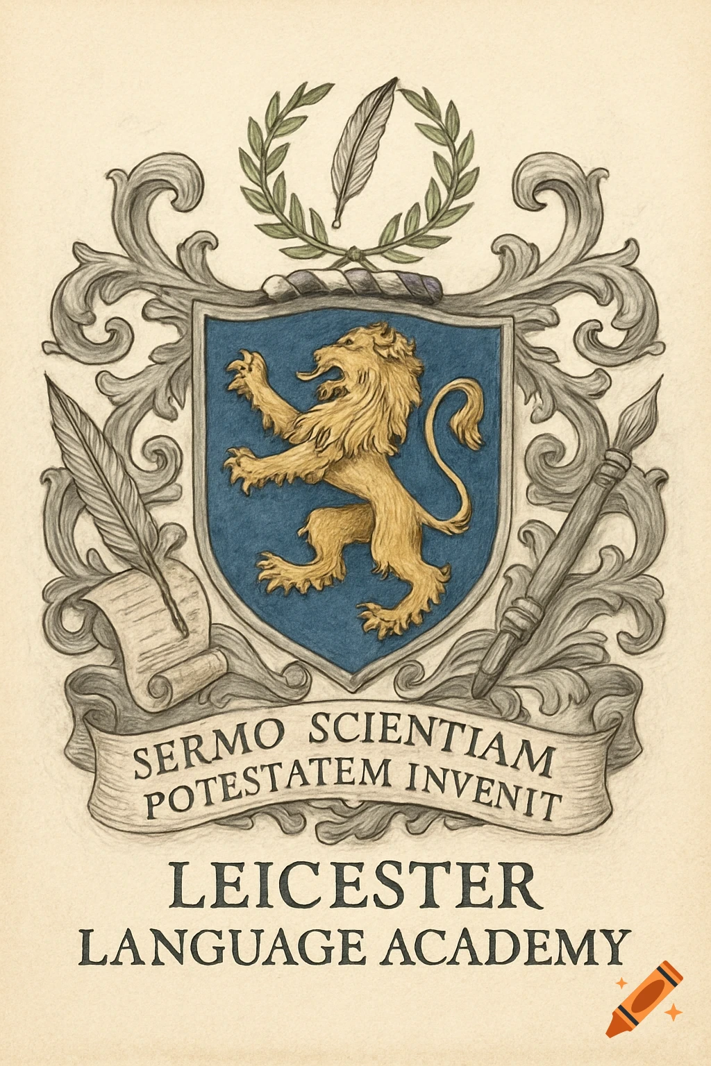 An illustrated coat of arms for 'Leicester Language Academy' featuring a golden lion rampant on a blue shield, surrounded by ornate grey scrollwork, a quill, and a paintbrush. The motto "SERMO SCIENTIAM POTESTATEM INVENIT" is on a banner.
