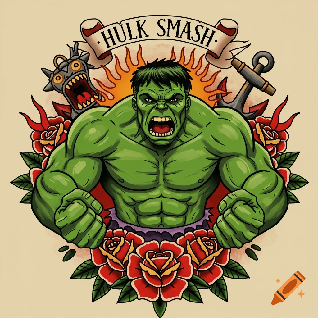The Hulk roaring, depicted in American traditional tattoo style with roses, flames, and a banner that reads "HULK SMASH."