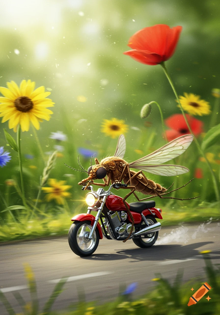 A large, brown mosquito rides a red motorcycle on a road through a field of colorful flowers under bright sunlight in a whimsical, detailed illustration.