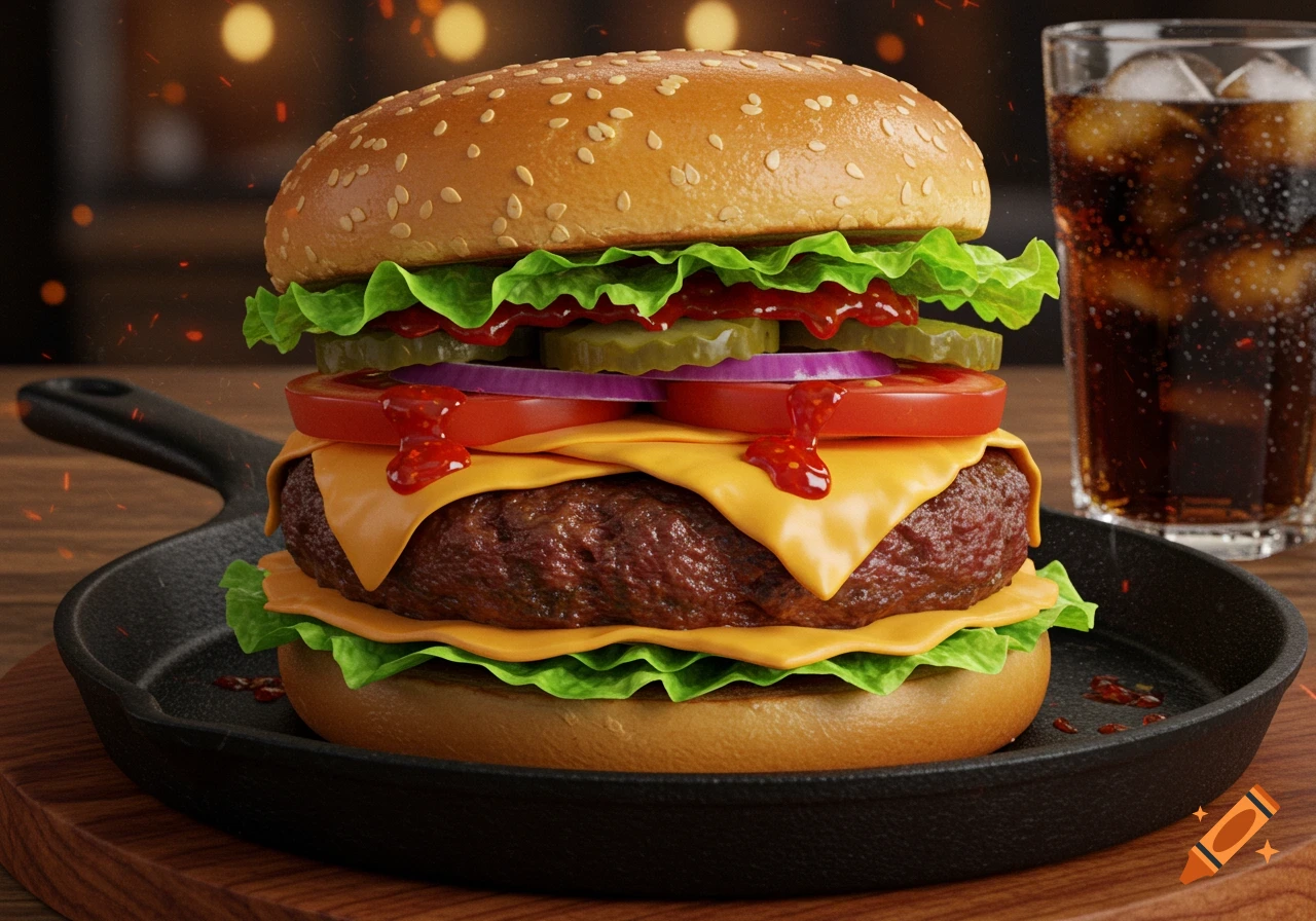 A close-up, photorealistic image of a tall hamburger with melted cheese, lettuce, tomatoes, onions, pickles, and ketchup in a cast-iron pan, with a glass of soda in the background.