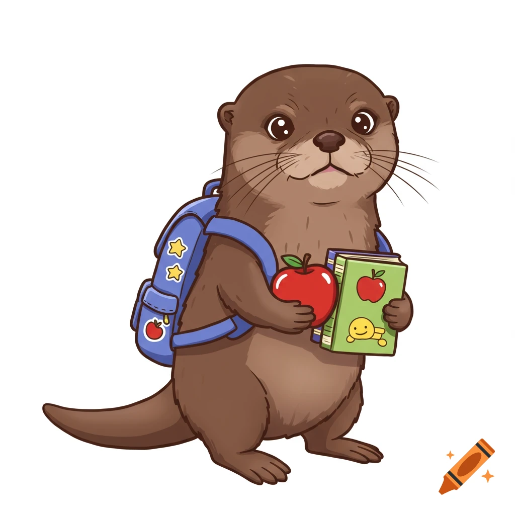 A cute cartoon otter with a blue backpack, holding a red apple and a green book, standing on a white background.