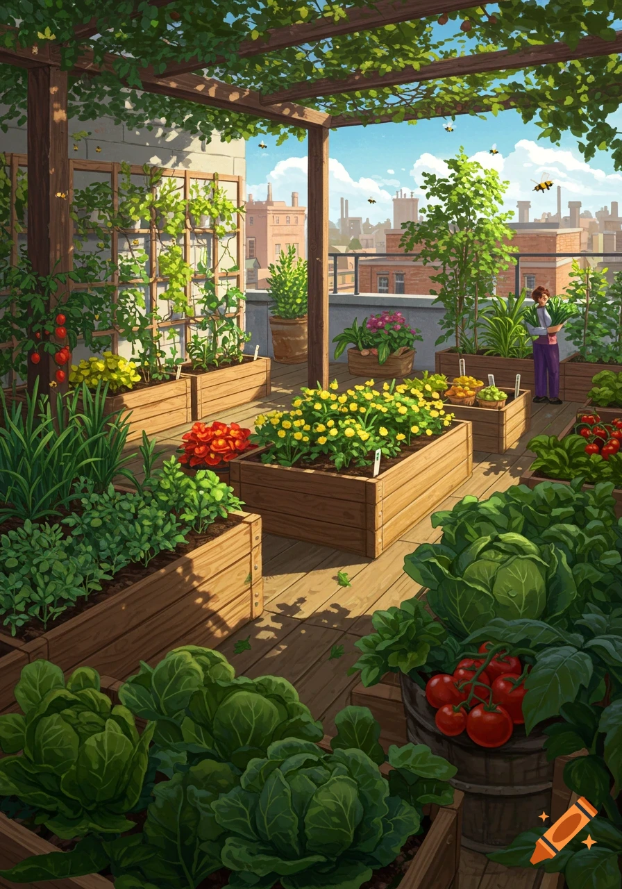 Vibrant illustration of a rooftop garden with various plants, vegetables, and a person gardening in an urban setting.