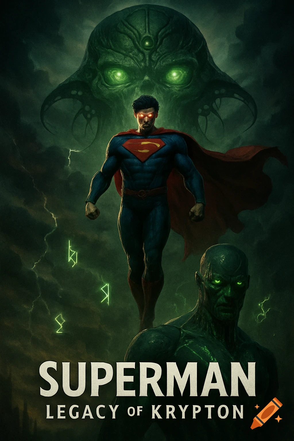 Cinematic movie poster of Superman hovering with red eyes, a giant green skull ship, a green-skinned Brainiac, and floating green glyphs in a dark, stormy sky.