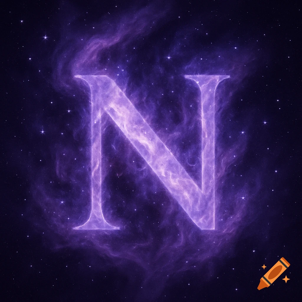 A glowing purple letter N designed like a nebula in space with stars.