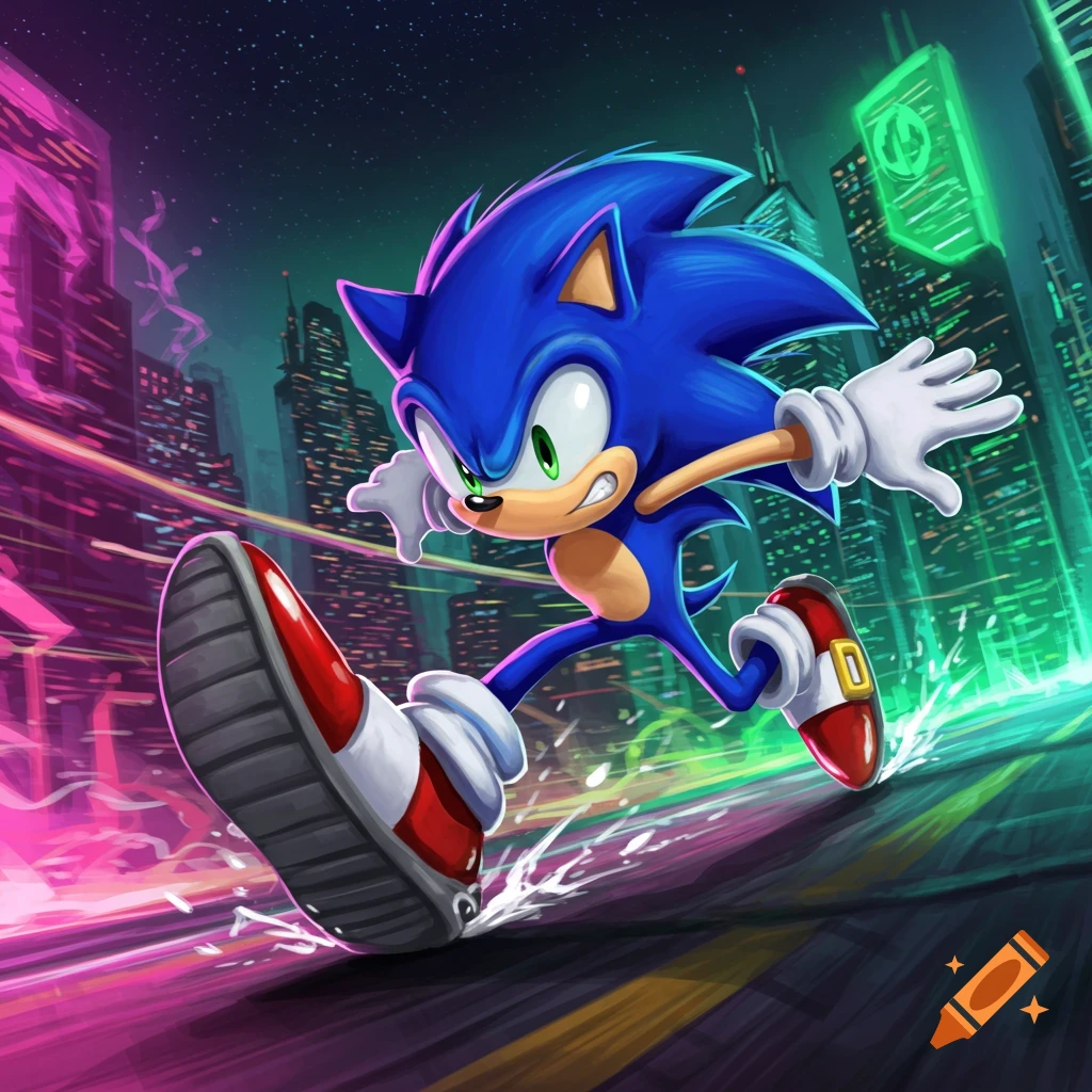 Sonic the Hedgehog runs through a vibrant, neon-lit futuristic city at night, with one large foot hitting the ground.