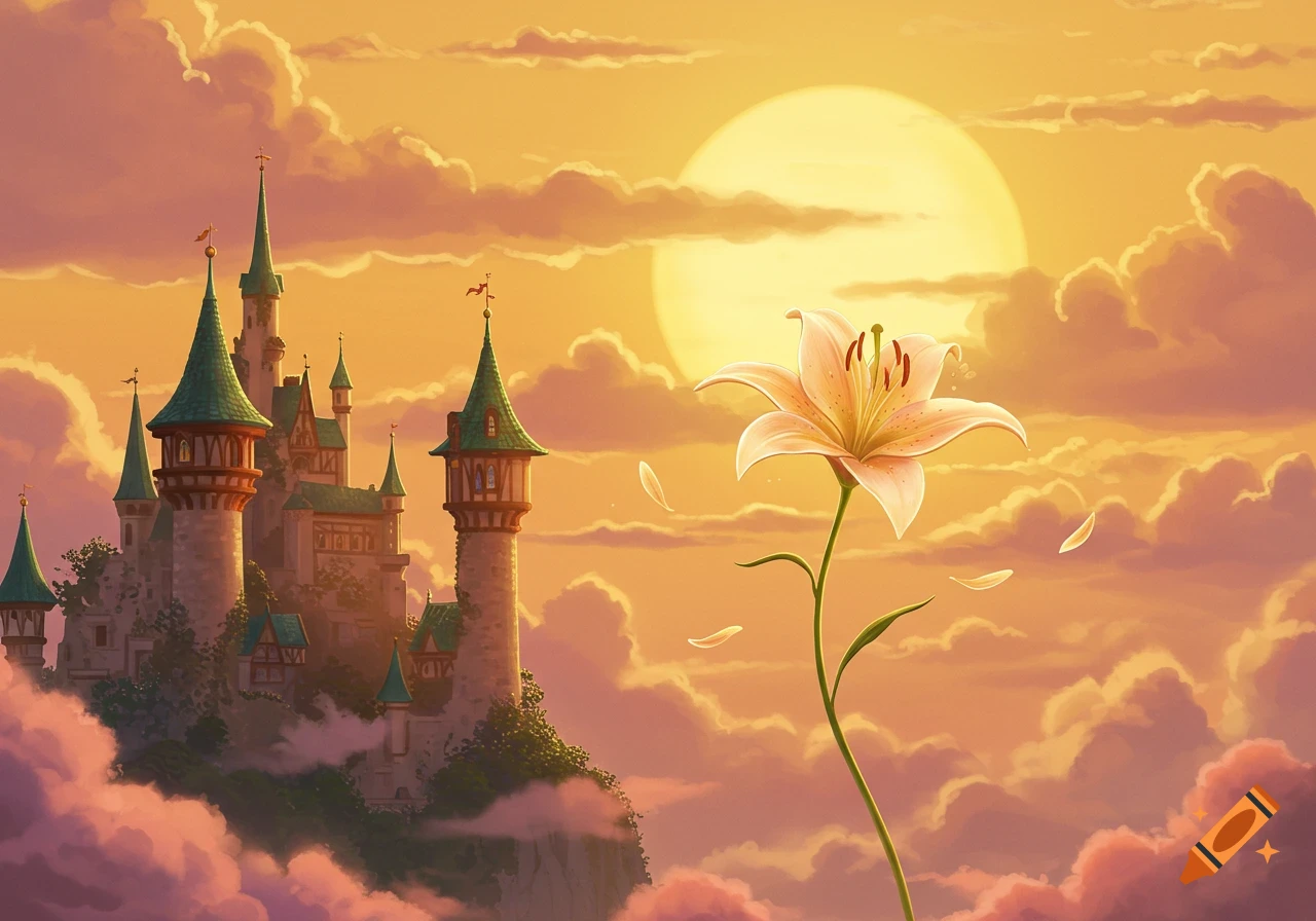 A fantasy castle on a cloud-covered mountain with a large lily in the foreground and a setting sun.